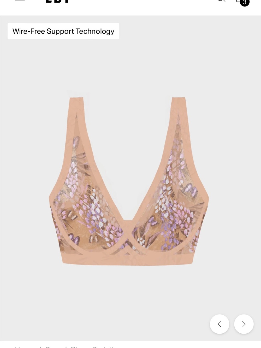 NWOT    Sheer Embroidered Wire-Free Bralette in Nude with Lavender Floral